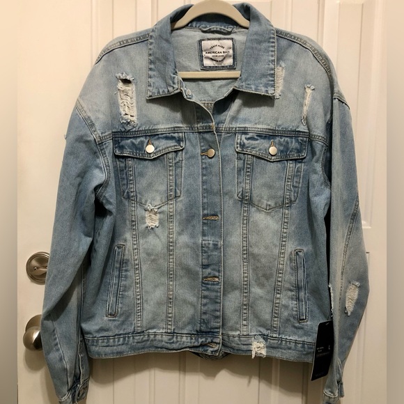 AMERICAN BAZI Light Blue Distressed Denim Jacket WOMENS SIZE LARGE NWT - Picture 1 of 15
